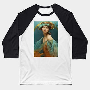 Art Nouveau Beauty in Turquoise and Orange - Vintage, Mucha, Gilded Age Baseball T-Shirt